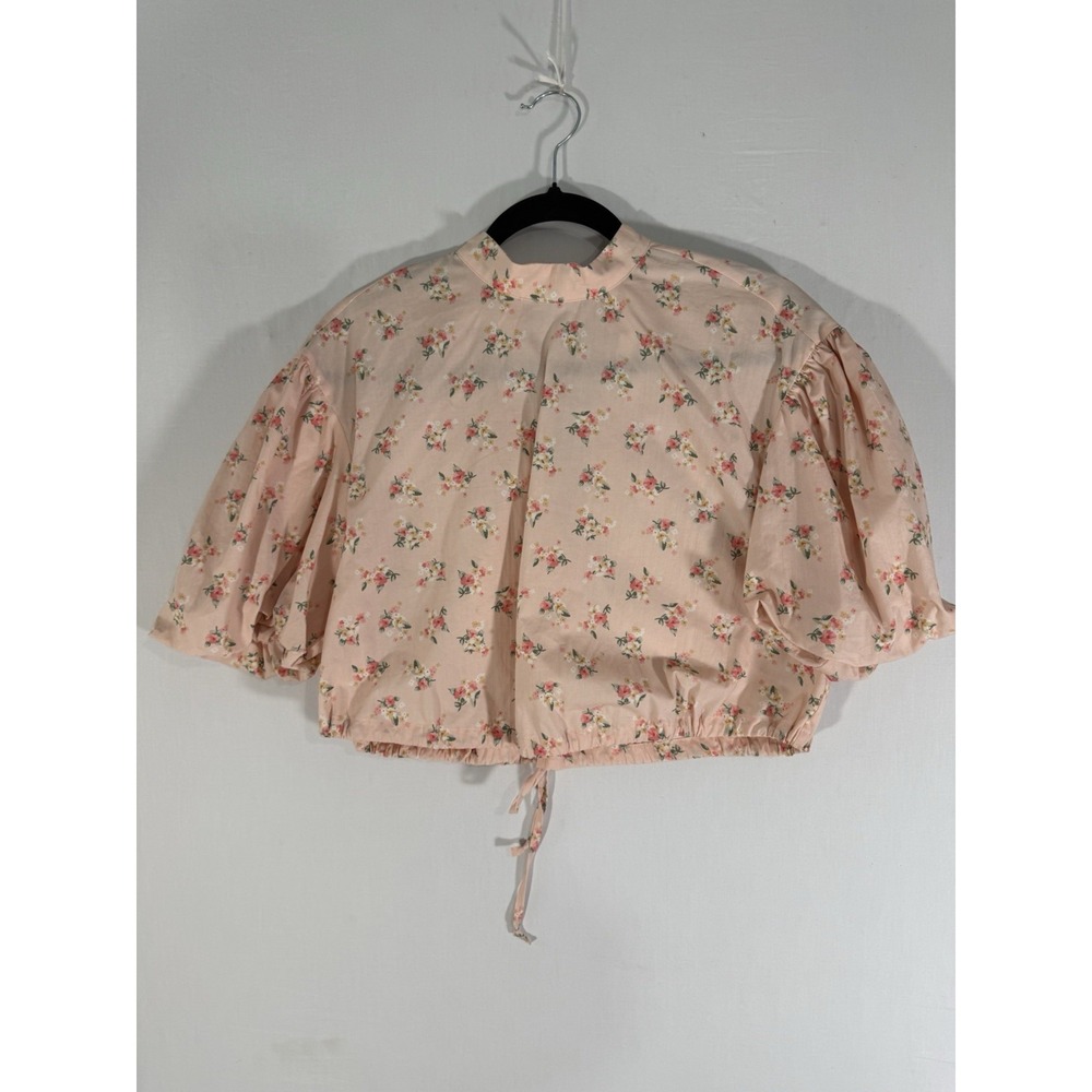by Anthropologie Pink Floral Puff Sleeve Tie Front Mock Neck Blouse Top XS EUC